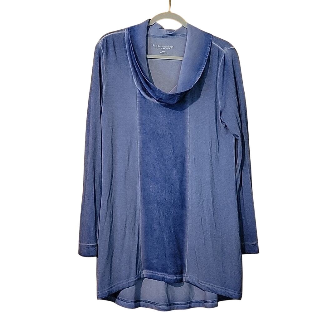 Soft Surroundings Silk Front Tunic Cowl Neck Blue High Low Top Women's S